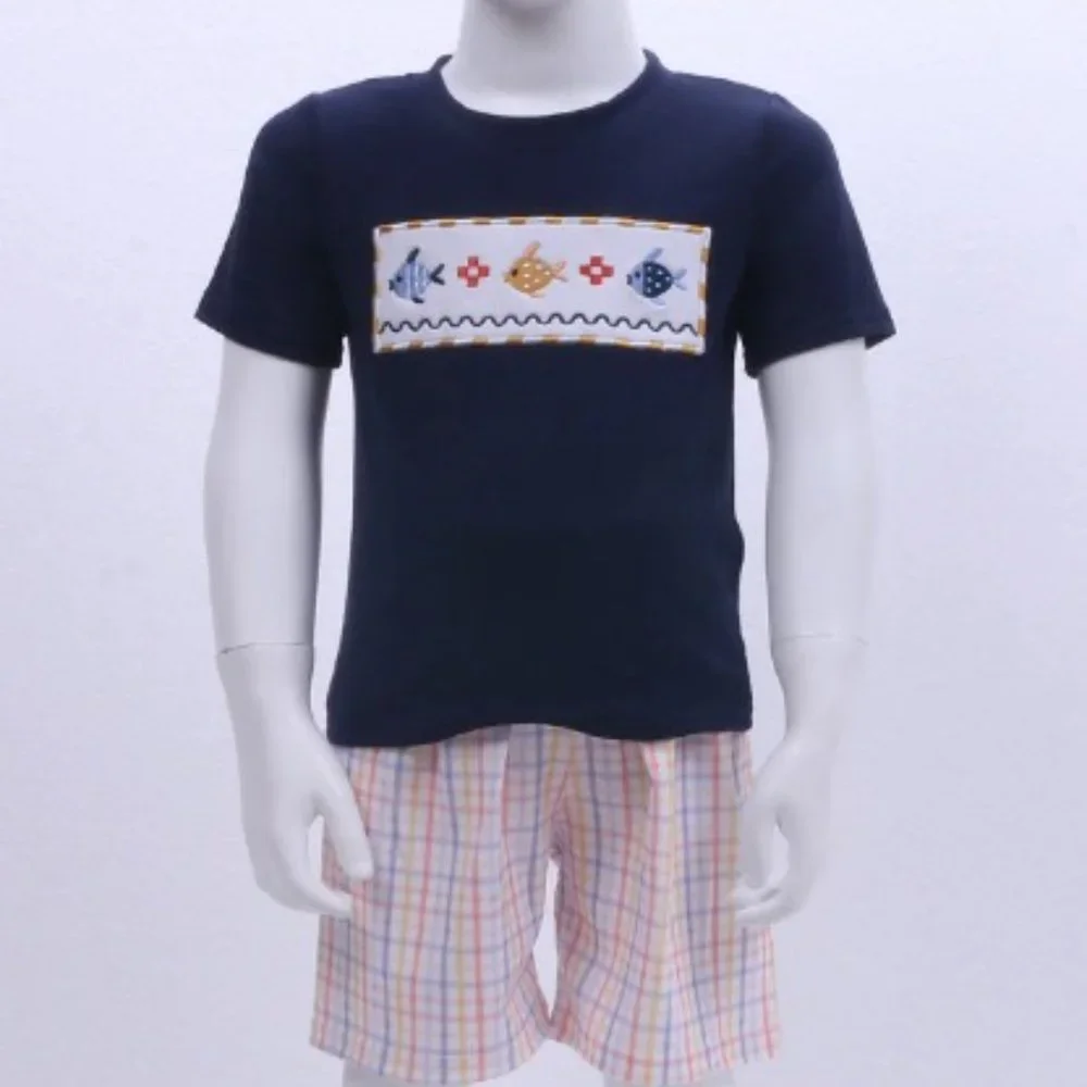 Boutique Embroidered Fish Boys Shorts Outfit Set
